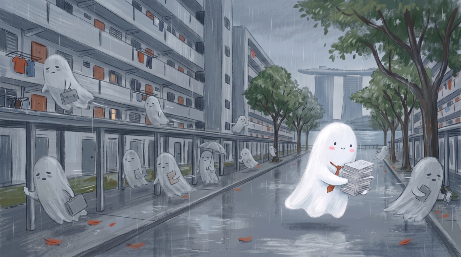 Casper in a rainy Singapore street, the one bright ghost among grey ghosts rushing in every direction
