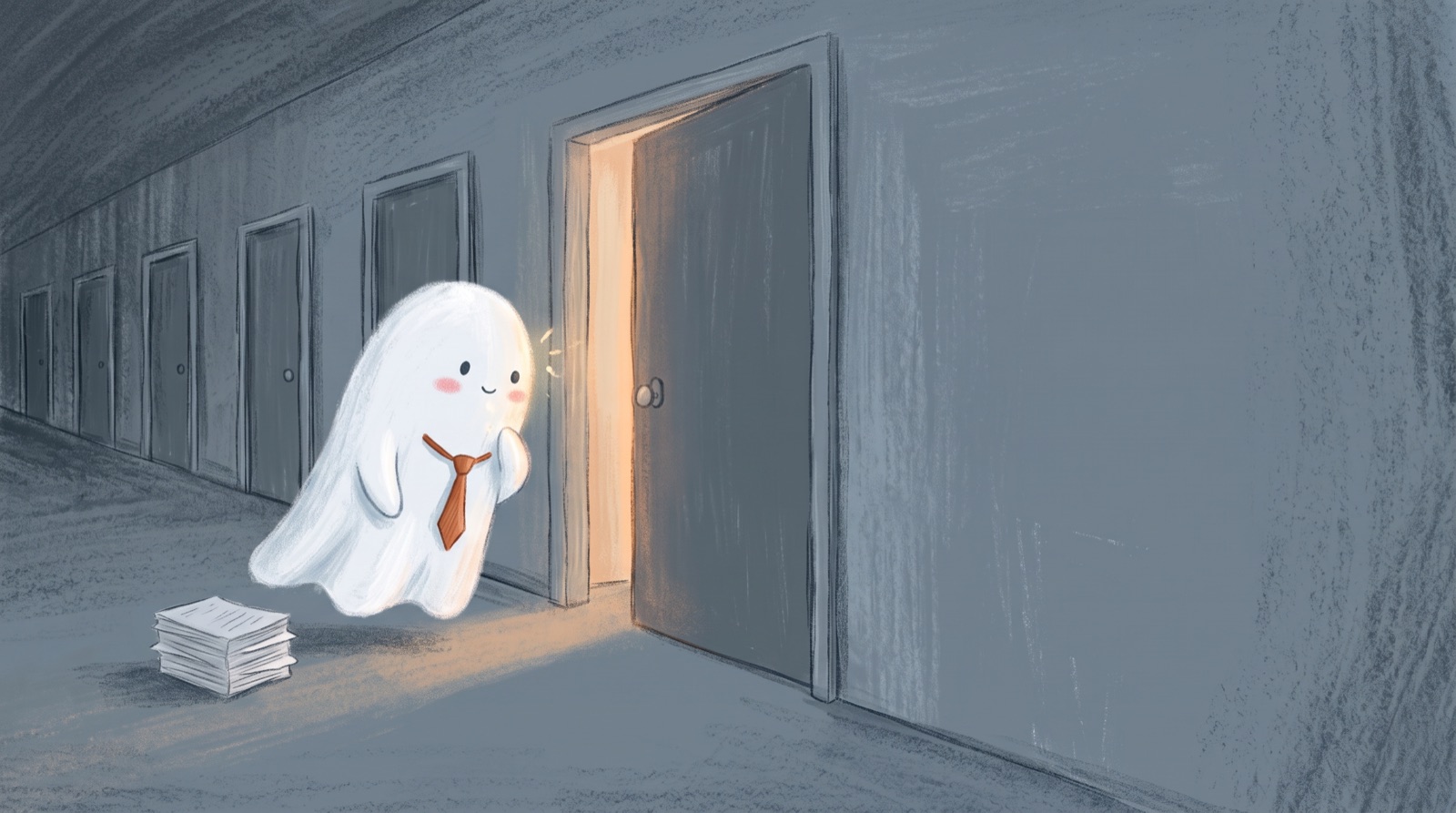 Casper peeking through a door that glows with golden light