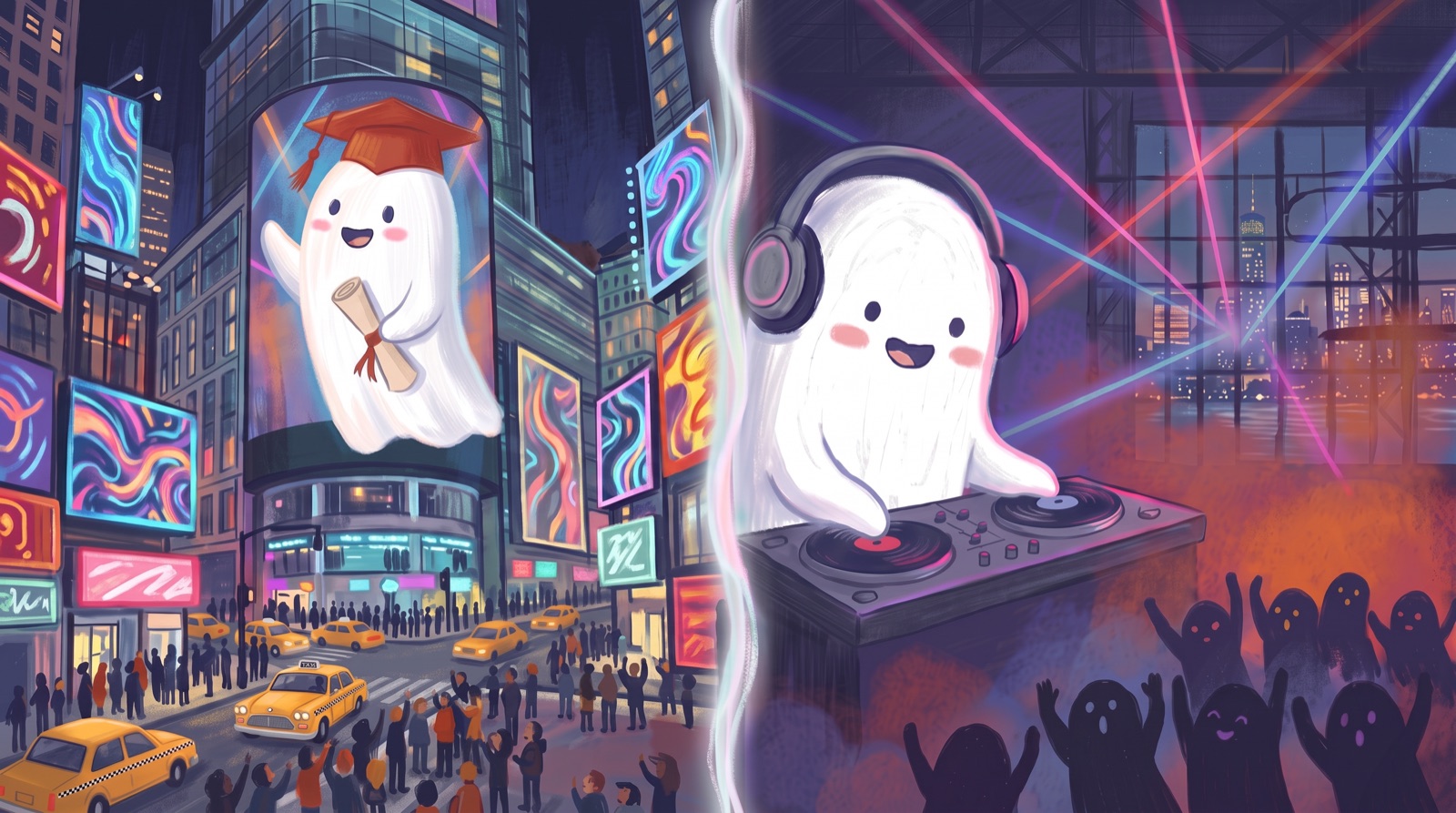 Casper in a graduation cap on the Times Square screen, and as a DJ in a warehouse rave