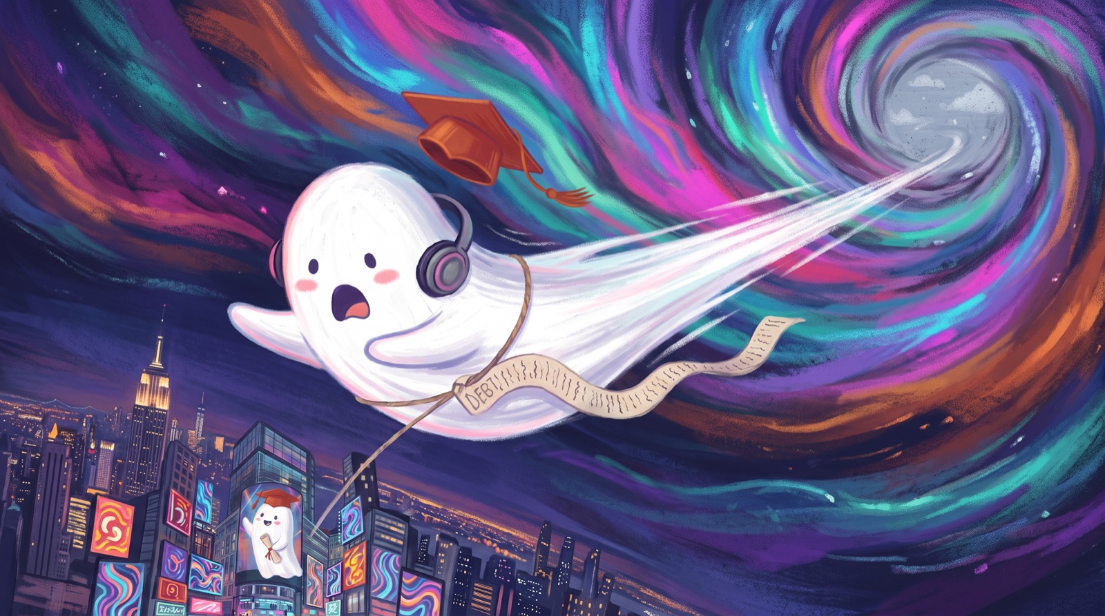Casper stretched into a streak, pulled back from New York through a swirling colourful sky