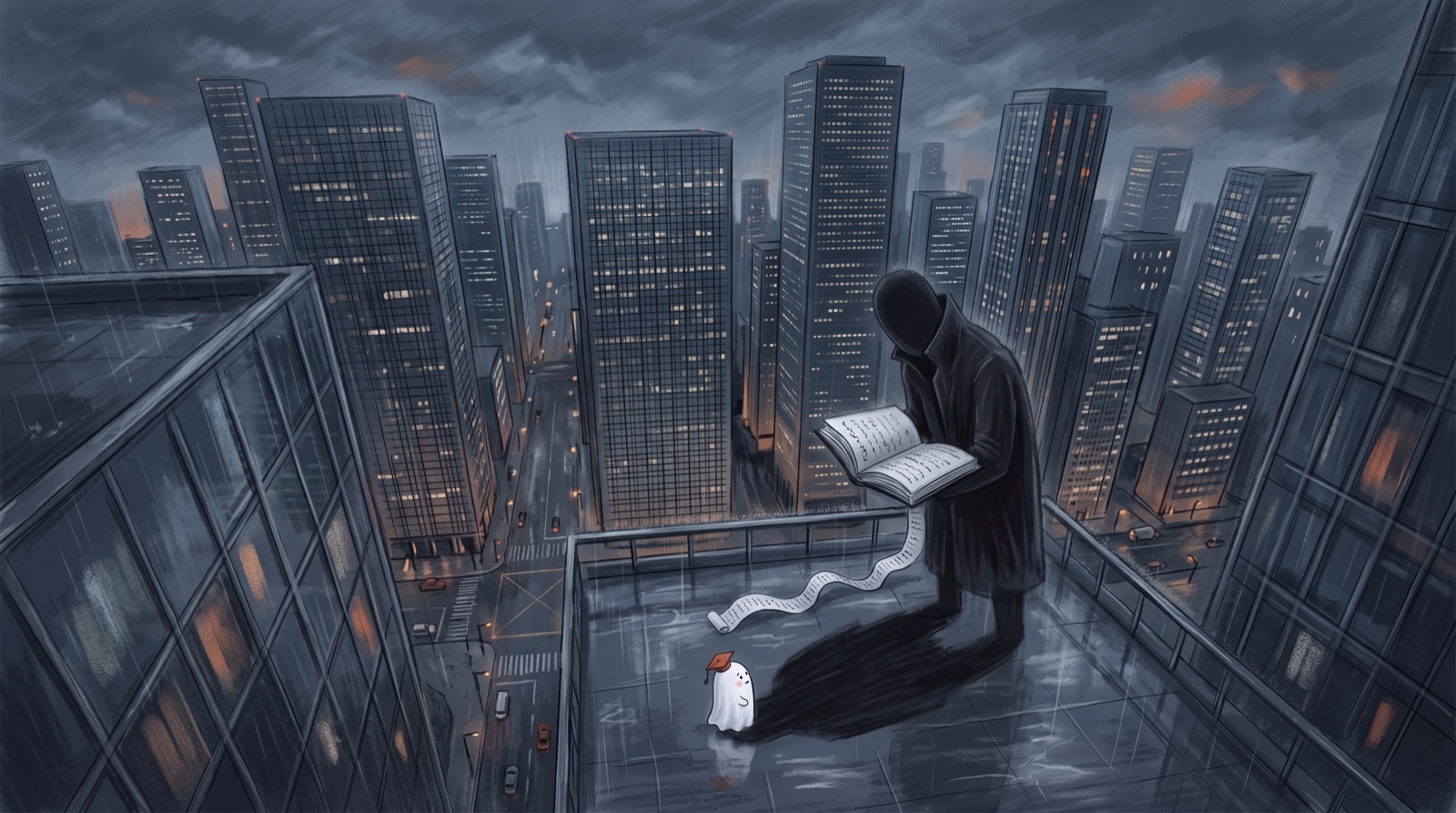 A tiny Casper far below on a rooftop, with the looming paymaster holding a ledger
