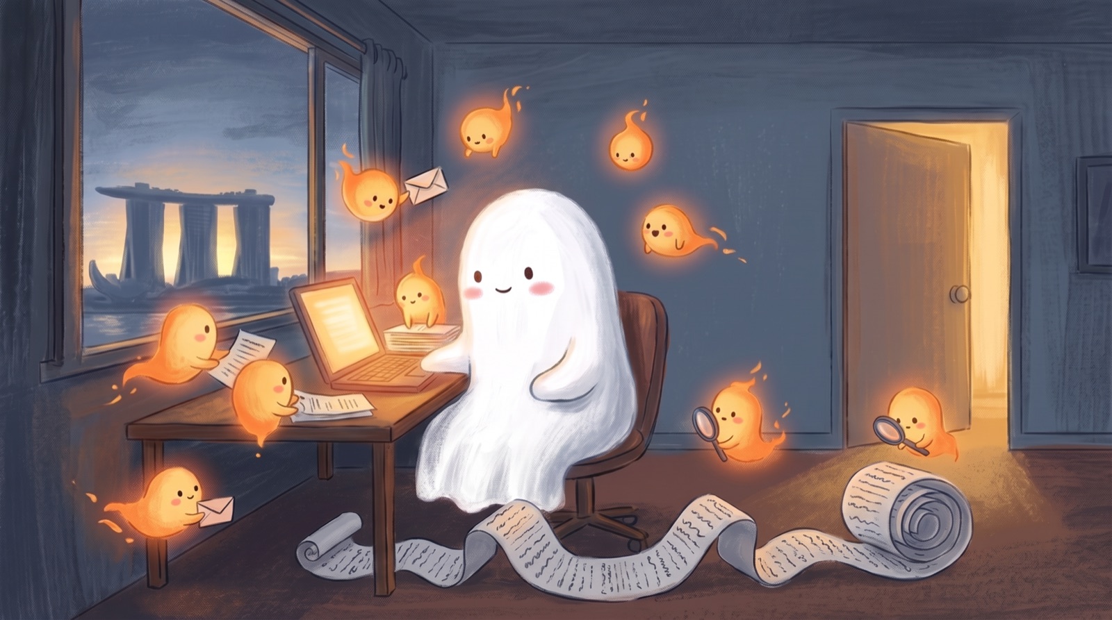 Casper at a laptop with glowing orange wisps helping him, and an open door