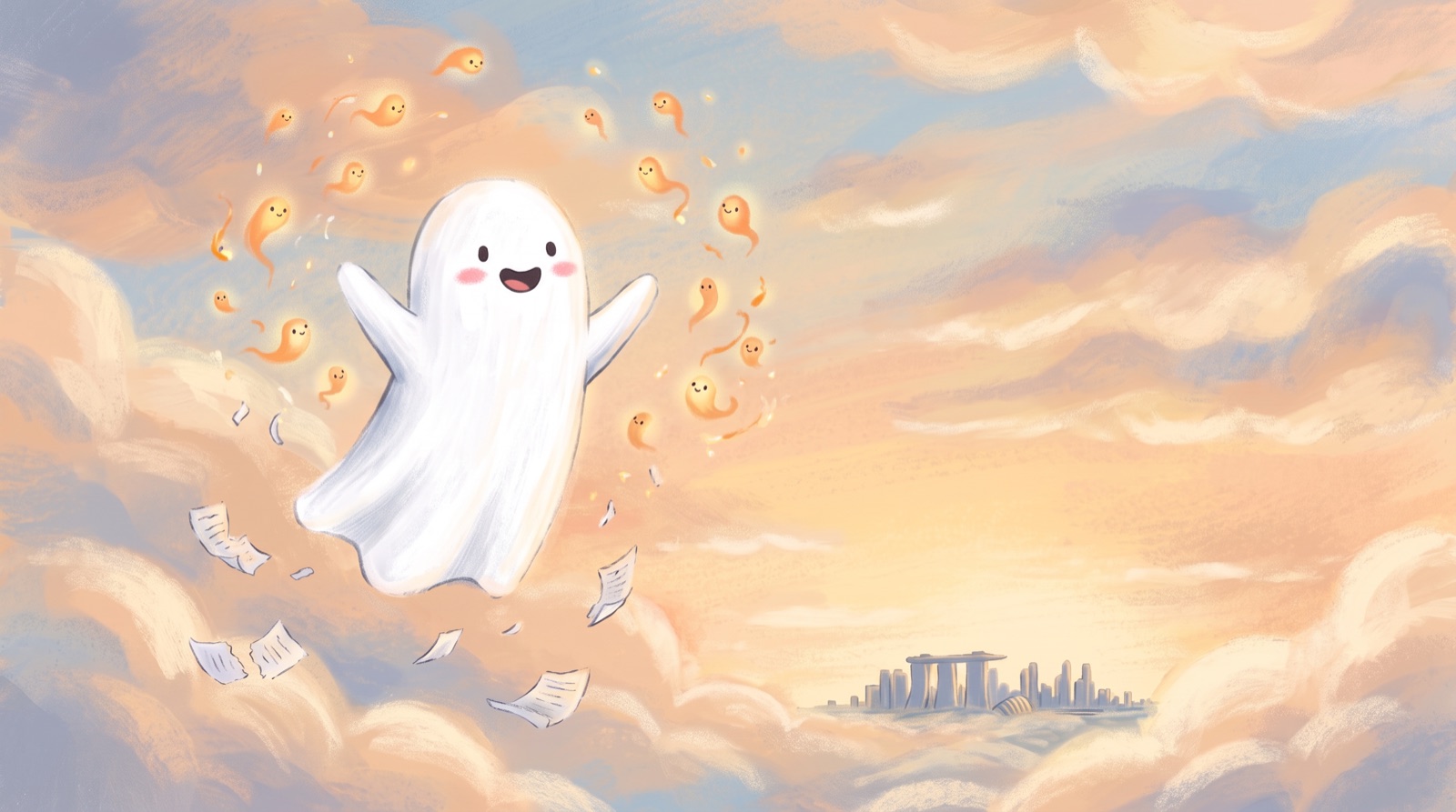 Casper floating free in the clouds at sunrise